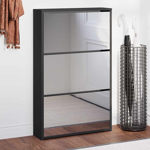 Szafka na buty z lustrem 3-warstwowa, czarna, 63x17x102,5 cm