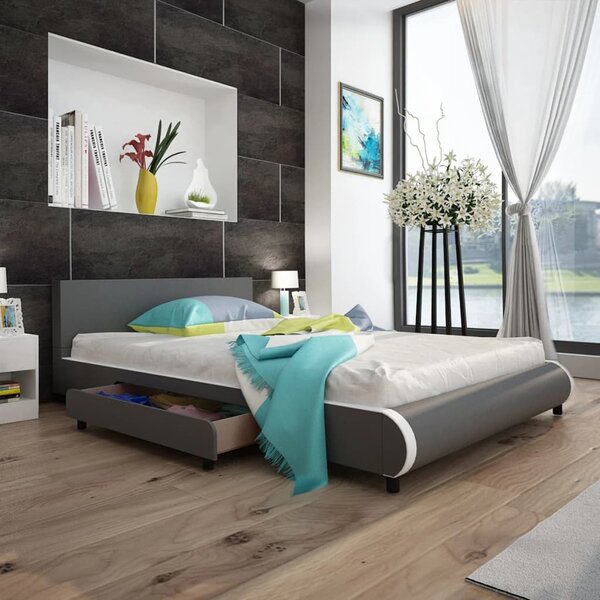 Rama łóżka z szufladami, szara, sztuczna skóra, 140x200 cm