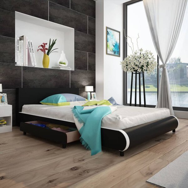 Rama łóżka z szufladami, czarna, sztuczna skóra, 140x200 cm