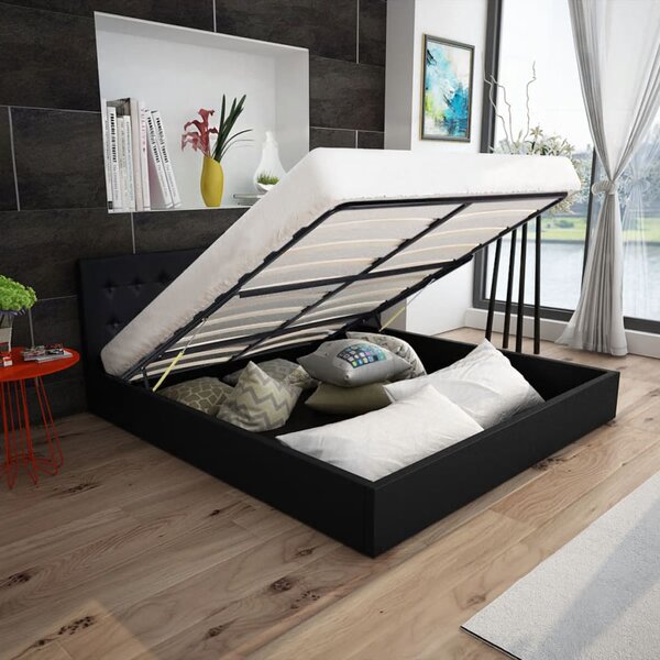 Rama łóżka z podnośnikiem, czarna, sztuczna skóra, 140x200 cm