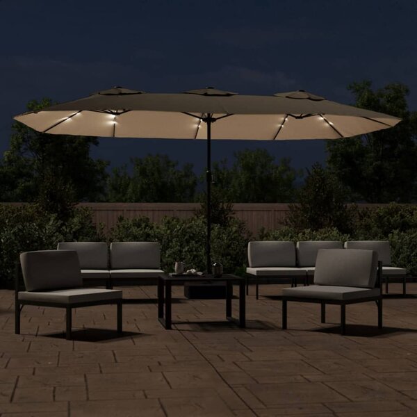 Podwójny parasol ogrodowy z LED, kolor taupe, 449x265 cm