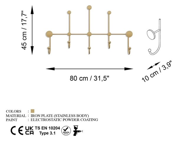 Metalowy wieszak ścienny w kolorze złota Dama – Kalune Design