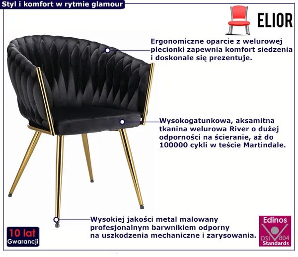 Czarne welurowe krzesło glamour z podłokietnikami D9-L38
