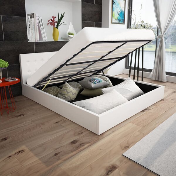 Rama łóżka z podnośnikiem, biała, sztuczna skóra, 160x200 cm