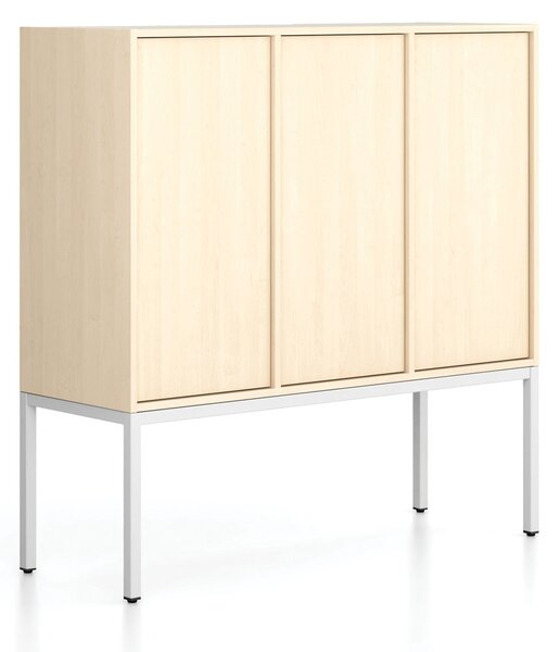 Szafa biurowa FRAME, niska, podstawa biała, 3x drzwi, 1299 x 450 x 1331 mm, PUSH-lock, brzoza