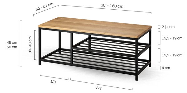 Ławka Metalowa Industrialna Drewno Dębowe HALF SHELF WOOD - LOFT