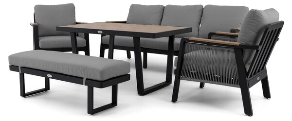 MebleMWM Zestaw mebli ogrodowych z aluminium PROVENCE | Czarne + imitacja drewna | Szare poduszki