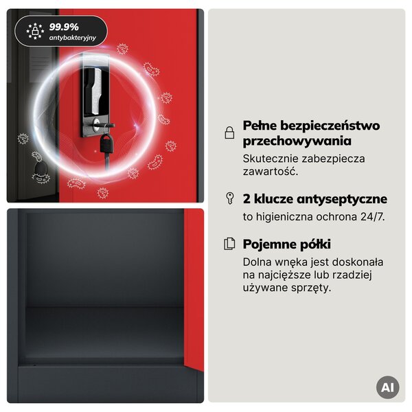 Szafa na akta kartotekowa na klucz antracytowo-czerwona, 450x1850x400 mm: ALEX