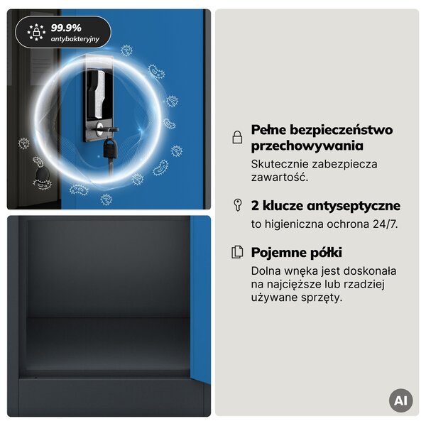 Szafa na akta kartotekowa na klucz antracytowo-niebieska, 450x1850x400 mm: ALEX