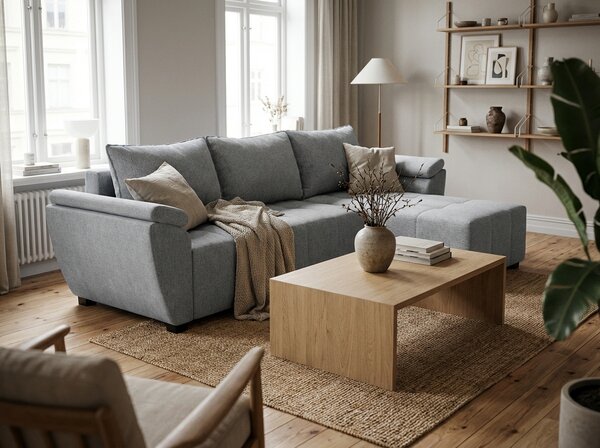 Rozkładana narożna sofa LIVARO 305x140 cm, jasnoszara, uniwersalna