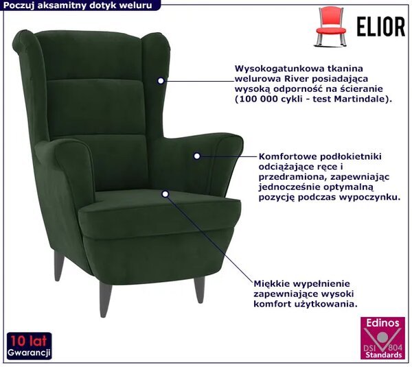Ciemnozielony tapicerowany welurem fotel W1-R98