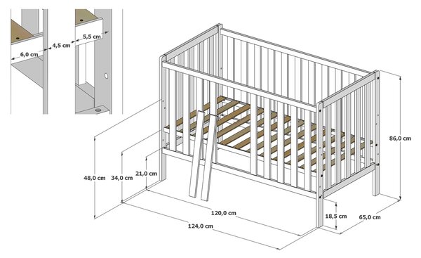 Łóżeczko 2w1 z barierką 120x60 Nestilo - Białe