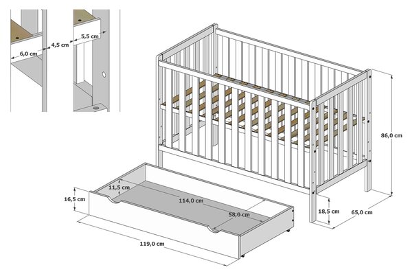 Łóżeczko 2w1 z barierką 120x60 Nestilo - Białe