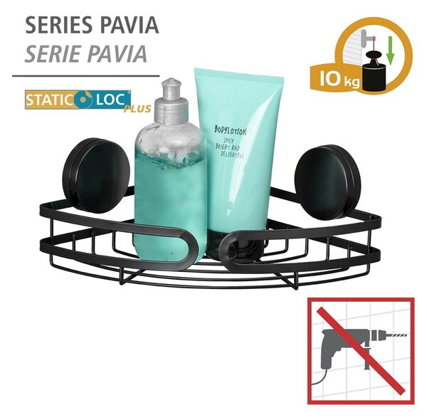 Czarna narożna półka łazienkowa Wenko Static-Loc® Pavia, szer. 27 cm