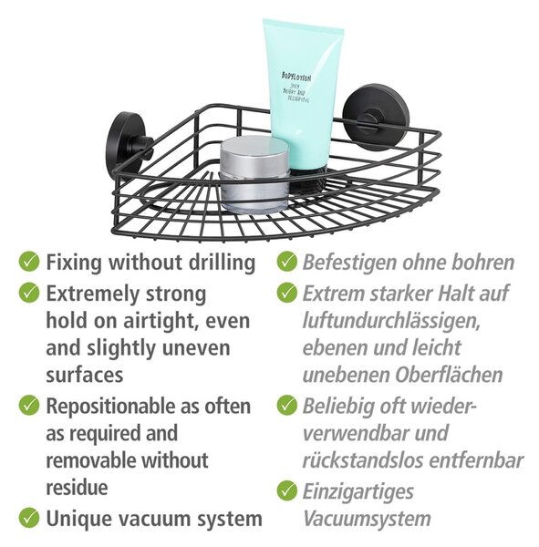 Czarna narożna półka łazienkowa Wenko Vacuum-Loc® Bari