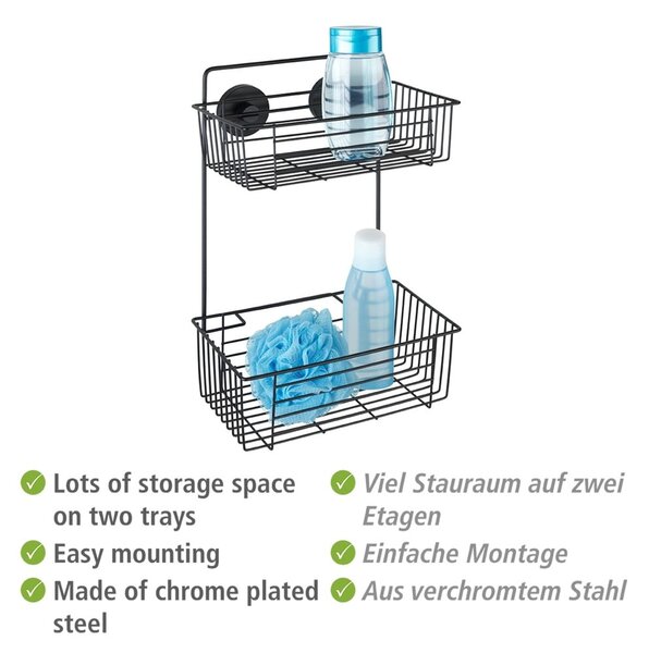 Czarna ścienna dwupoziomowa półka łazienkowa Wenko Vacuum-Loc® Pavia