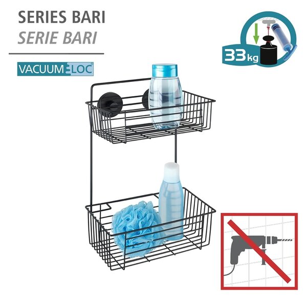 Czarna ścienna dwupoziomowa półka łazienkowa Wenko Vacuum-Loc® Pavia