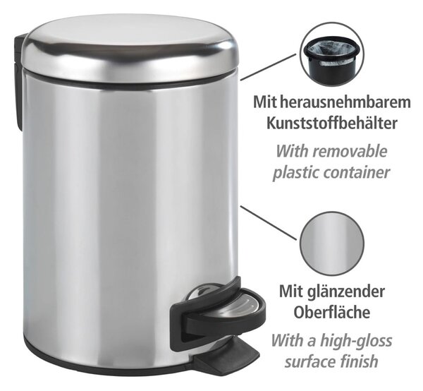 Kosz na śmieci z pedałem w srebrnym kolorze Wenko Leman Shiny, 3 l
