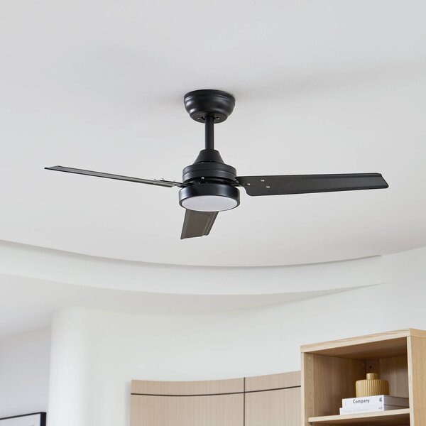 Wentylator sufitowy LED Lindby Aerallo, czarny, CCT, cichy Aerallo, czarny, salon / jadalnia, metal, nowoczesny