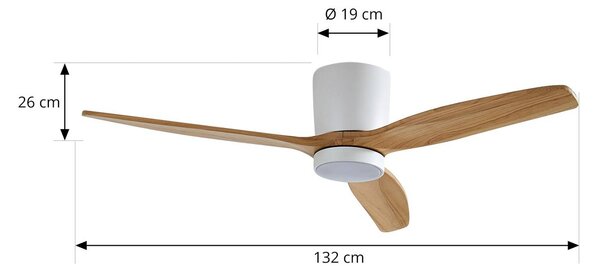 Wentylator sufitowy LED Lucande Faipari, jasne drewno, DC, 132 cm Faipari, biały / opal, salon / jadalnia, drewno, nowoczesny