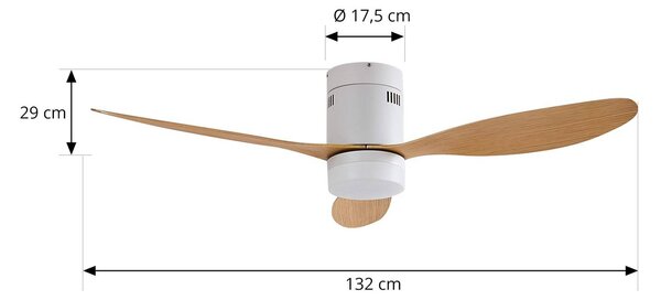 Wentylator sufitowy LED Lucande Kayu, biały/drewniany, DC, 132 cm Kayu, jasne drewno, salon / jadalnia, tworzywo sztuczne, nowoczesny