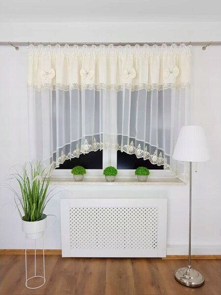 Firana gotowa 400x160 cm z kremowymi kokardkami i haftem