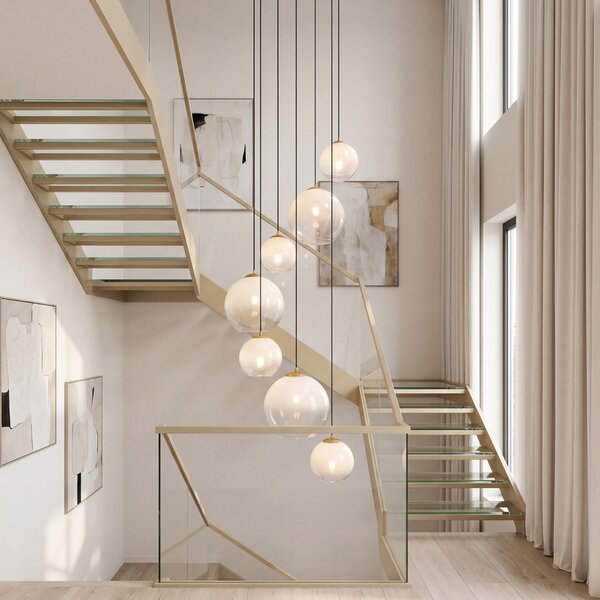 Lampa wisząca w stylu Hotel Chic mosiężna z białym okrągłym szkłem 7-punktowa - Misty