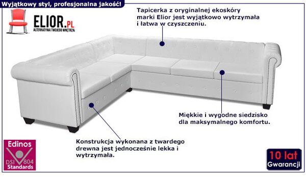 6-osobowy biały narożnik w stylu Chesterfield S4-R07