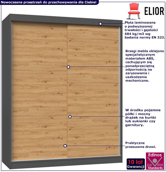 Nowoczesna szafa do przedpokoju dąb artisan antracyt 160 cm - Stoflis 6X