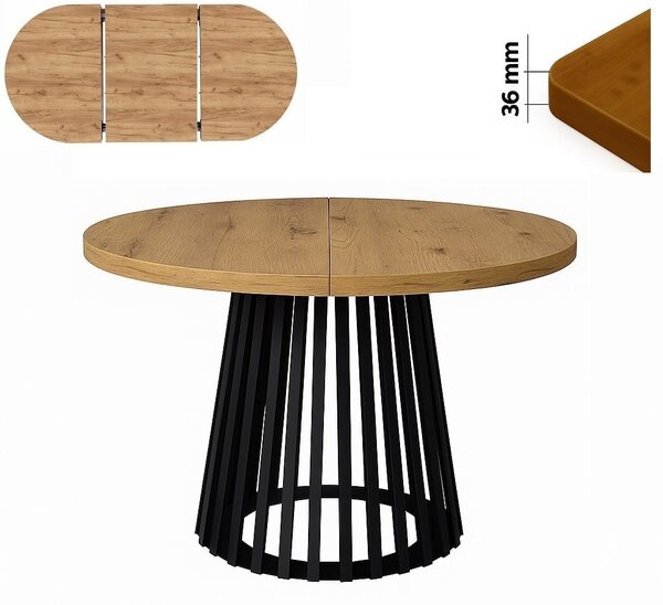 Stół 100/150 cm okrągły rozkładany, blat 3,6 cm, odstawa Metalowa „ Lamele ” I ArtDHome