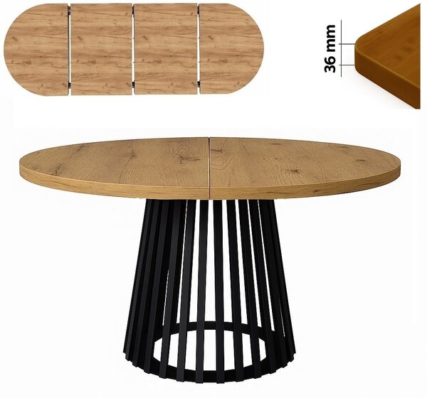 Stół 120/220 cm okrągły rozkładany, blat 3,6 cm, podstawa Metalowa „ Lamele ” I ArtDHome