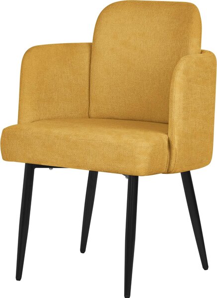 Krzeso do jadalni ML-Design pokryte tkanin w kolorze musztardowym Krzeso kuchenne z podokietnikiem i oparciem o wygldzie rattanu Krzeso tapicerowane z metalowymi nogami Ergonomiczne krzeso do salonu