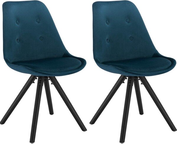 Krzesa dla goci – niebieski aksamit – drewniane nogi – zestaw 2 sztuk – krzesa do jadalni i salonu – ergonomiczne i tapicerowane – wysoko siedziska 46 cm
