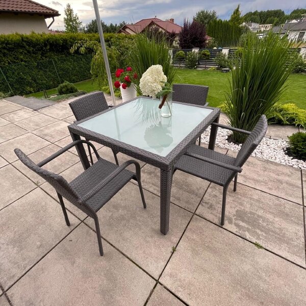 Zestaw obiadowy z technorattanu (stół 100x100 + 4 krzesła) AVVICENTE szary