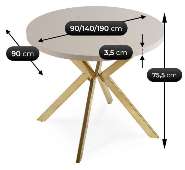 Stół Okrągły Rozkładany LUGO 90-190 cm Kaszmir/Złoty Glamour