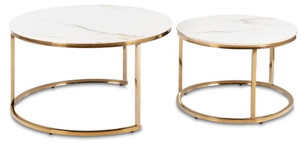 Zestaw Stolików Kawowych MILANO 60 cm/80 cm Biały Marmur/Złoty Glamour