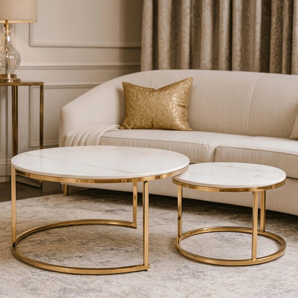 Zestaw Stolików Kawowych MILANO 60 cm/80 cm Biały Marmur/Złoty Glamour