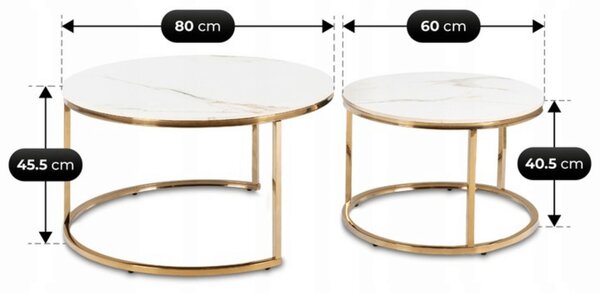 Zestaw Stolików Kawowych MILANO 60 cm/80 cm Biały Marmur/Złoty Glamour