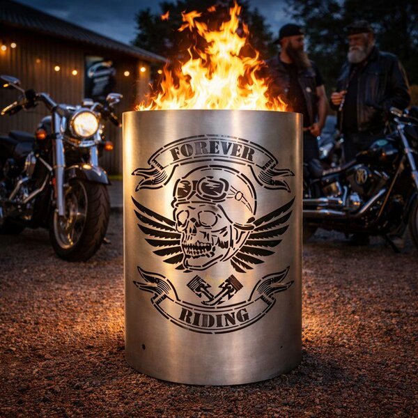 Beczka na ogie / kosz na ogie „Forever Riding” – motyw motocyklowy z czaszk – solidna stalowa beczka na ogie do ogrodu i na taras