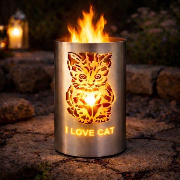 TiKo-Design® Kosz na ogie „I LOVE CAT” – metalowy kosz na ogie do ogrodu i na taras