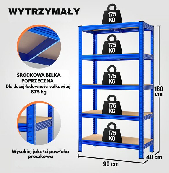 Regał o dużej nośności HEAVY, maks. 875kg, 90x40x180cm, niebieska Monzana