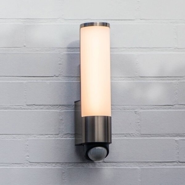 LUTEC Kinkiet zewnętrzny LED z czujnikiem LEDA, stal nierdzewna, wysokość 35 cm, IP44 LEDA, aluminiowy / szary / cynkowy, stal szlachetna, nowoczesny
