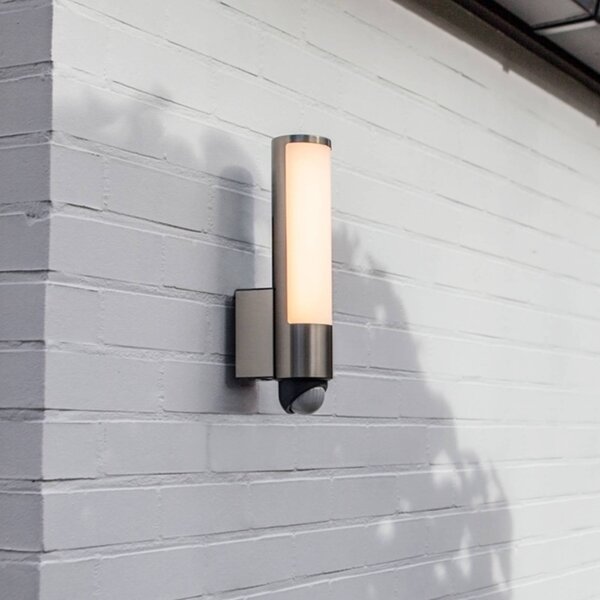LUTEC Kinkiet zewnętrzny LED z czujnikiem LEDA, stal nierdzewna, wysokość 35 cm, IP44 LEDA, aluminiowy / szary / cynkowy, stal szlachetna, nowoczesny