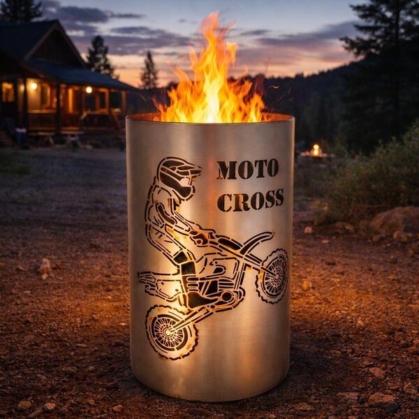 TiKo-Design® Stalowy kosz na ognisko Moto Cross – kosz na ognisko z motywem motocyklisty do ogrodu i na taras