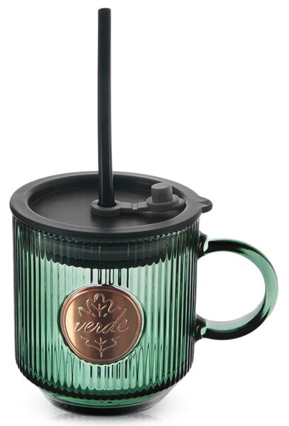 Kubek szklany z pokrywką i słomką zielony VERDE 330 ML