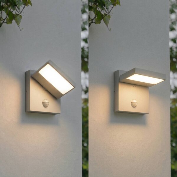 Kinkiet zewnętrzny LED Lucande Silvan, kolor kamienny, czujnik ruchu, IP54 Silvan, aluminiowy / szary / cynkowy, aluminium, nowoczesny