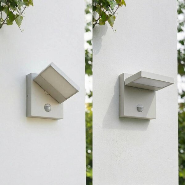 Kinkiet zewnętrzny LED Lucande Silvan, kolor kamienny, czujnik ruchu, IP54 Silvan, aluminiowy / szary / cynkowy, aluminium, nowoczesny