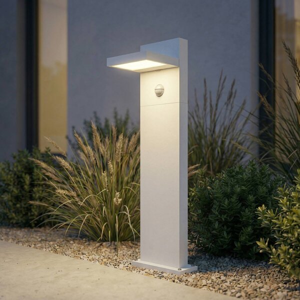 Słupek oświetleniowy LED Lucande Silvan, biały, 65 cm, czujnik, IP54 Silvan, biały / opal, aluminium, nowoczesny