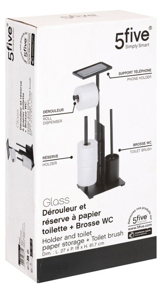 Stojak na papier toaletowy GAMME GLASS + rezerwa, szczotka WC i półeczka, 28,1 x 18 x 61,5 cm