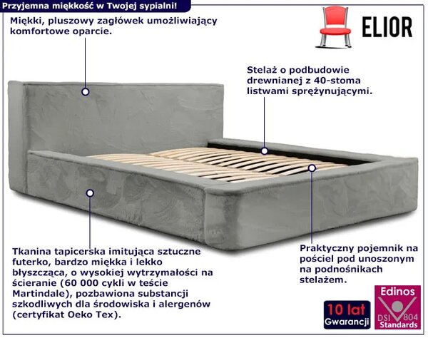 Szare łóżko tapicerowane pluszowe ze stelażem E9-E72